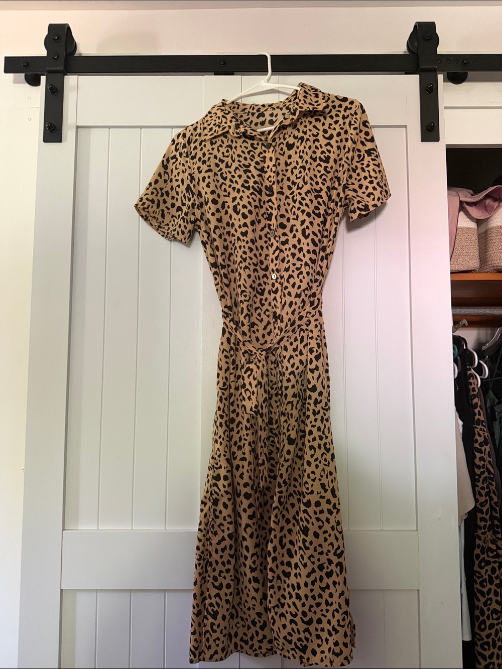SHEIN Tan and Black Leopard Print Short-Sleeve Shirt Dress